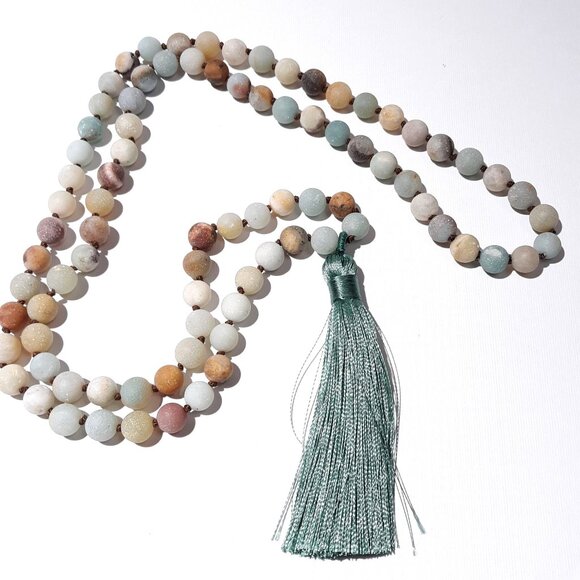 African Opal Mala Meditation 86 Beads Necklace Tassel NWOT - Picture 2 of 6